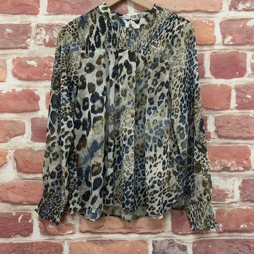 Mystree Top Shirt Women's Large Multicolor Animal Print Smocked Popover - Picture 1 of 8